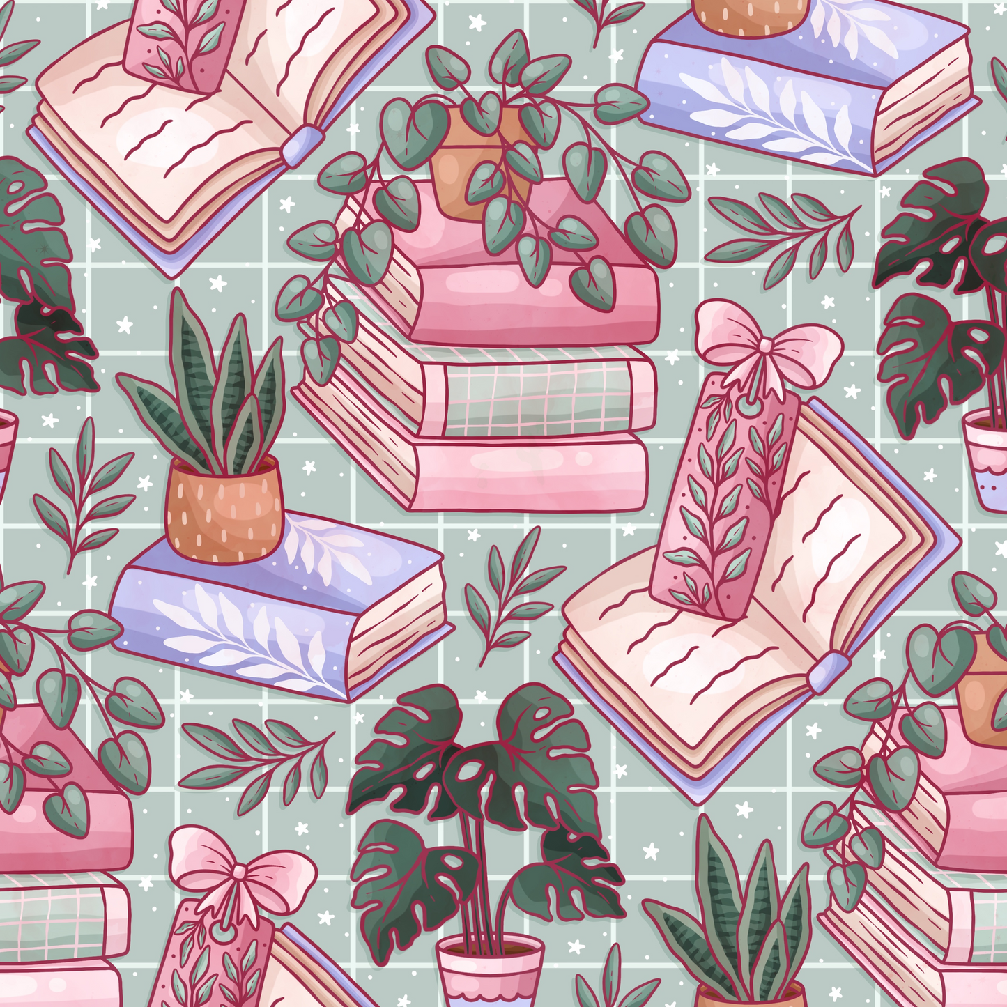 A repeating illustrated pattern featuring pink and lavender books, potted plants, leaves, and a pale green grid background with small white stars.