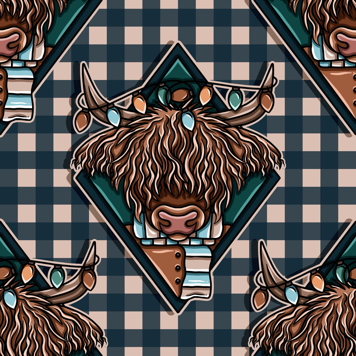 A diamond pattern with a highland cows head sitting centrally with christmas lights tangled on his horns while he wears a striped scarf.