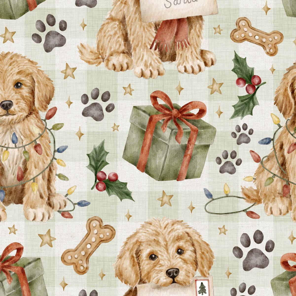 A hand drawn Christmas design showing cute playful puppies and Christmas elements such as coloured lights, presents, letters to Santa and holly on a green gingham background.