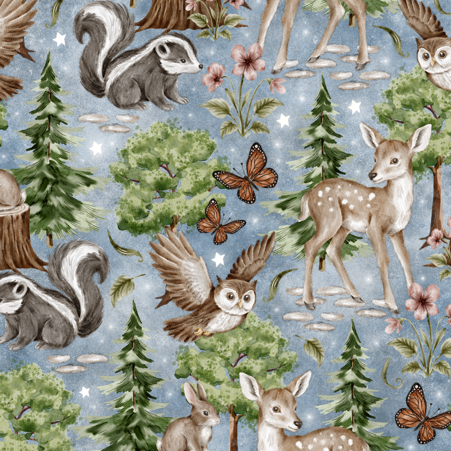 Woodland animals and nature elements on a blue background