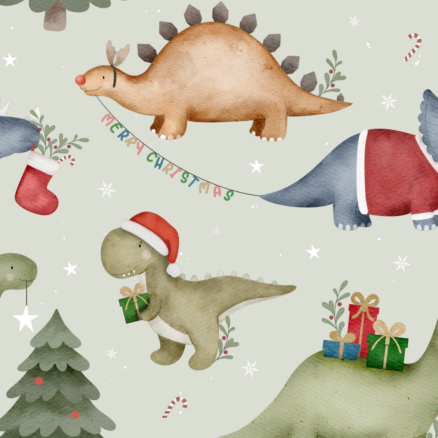 Dinosaurs celebrating Christmas with trees, presents, and a 'Merry Christmas' banner.