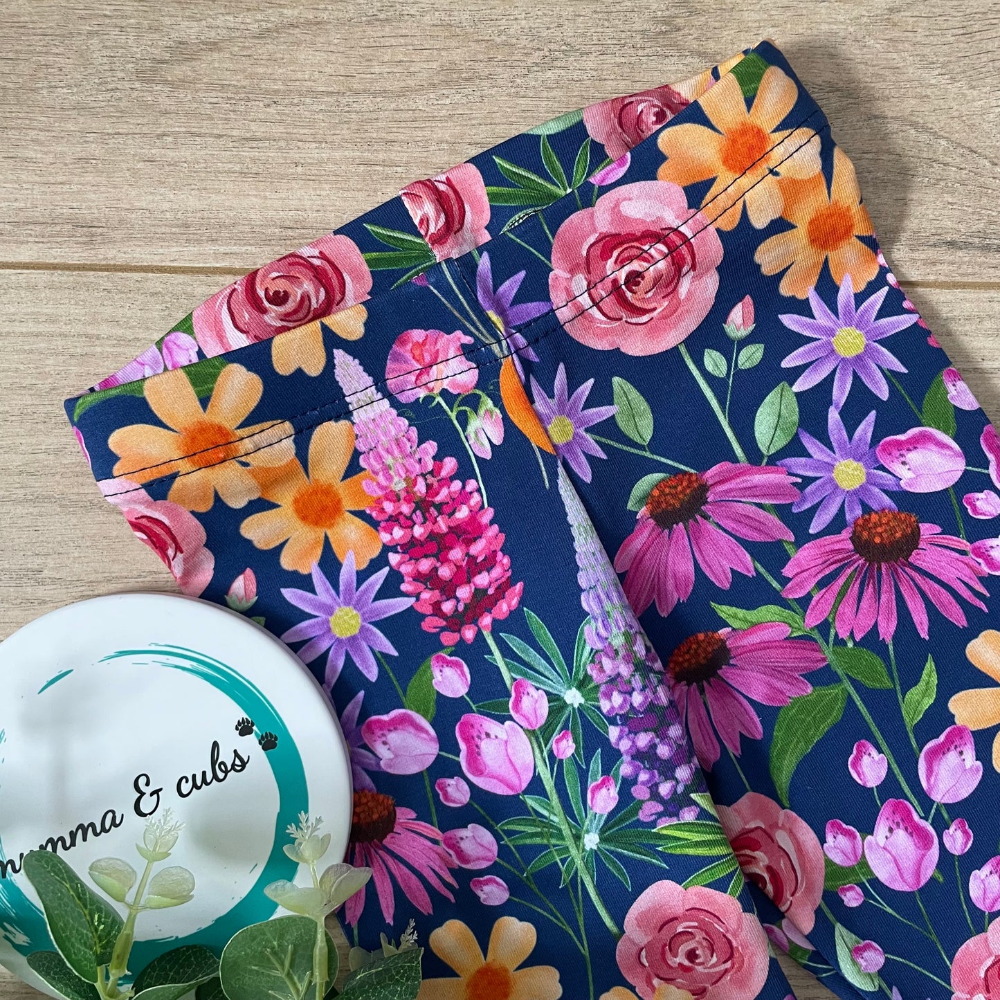 Floral handmade leggings, slim fitting and elasticated waist