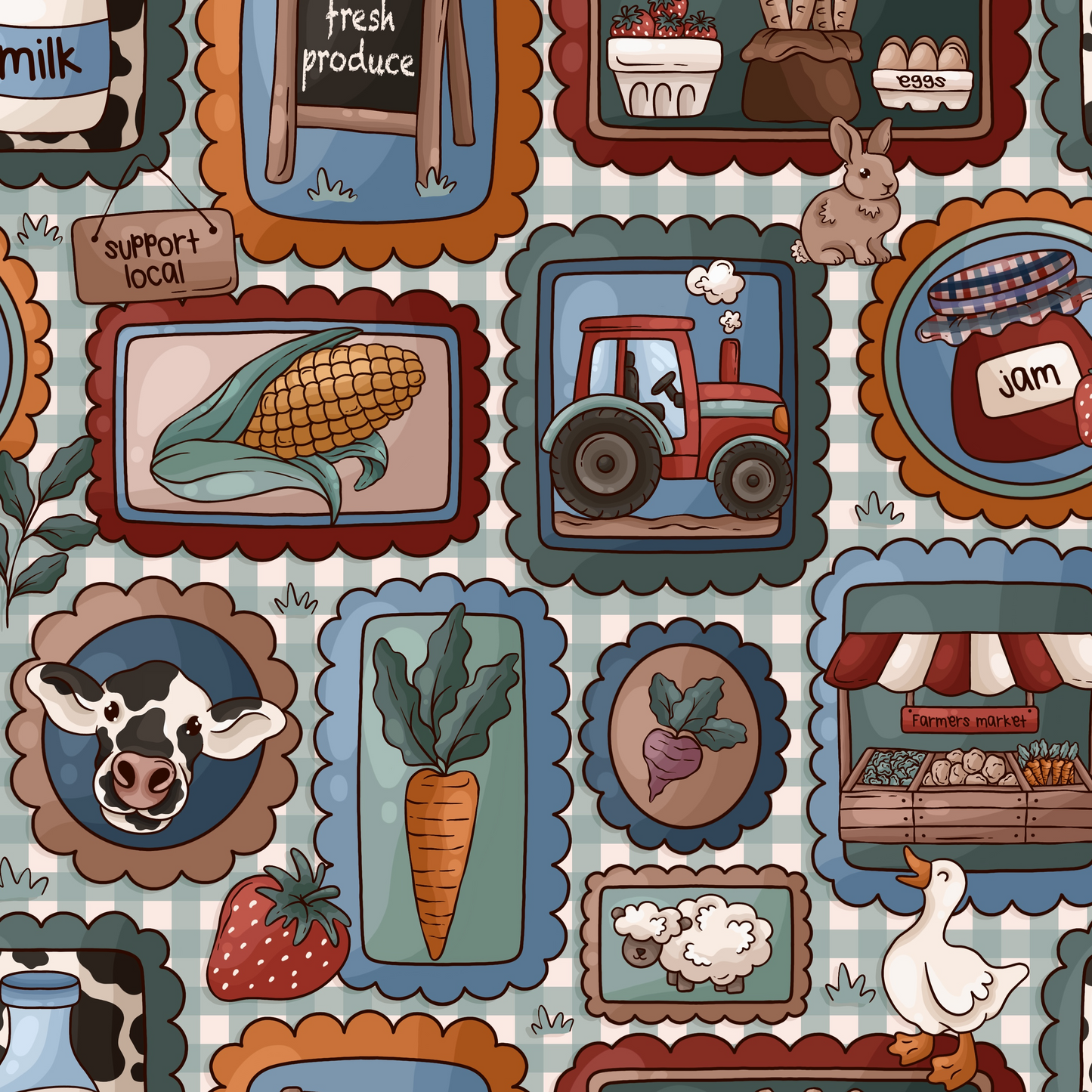 A series of farmers market inspired stamps on a sage green gingham background. Featuring jam, carrots, corn, geese, cows and produce.
