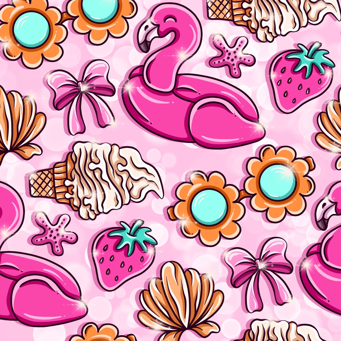 Flamingo water inflatable, sun glasses, sea shells, bows and strawberries on a pink background