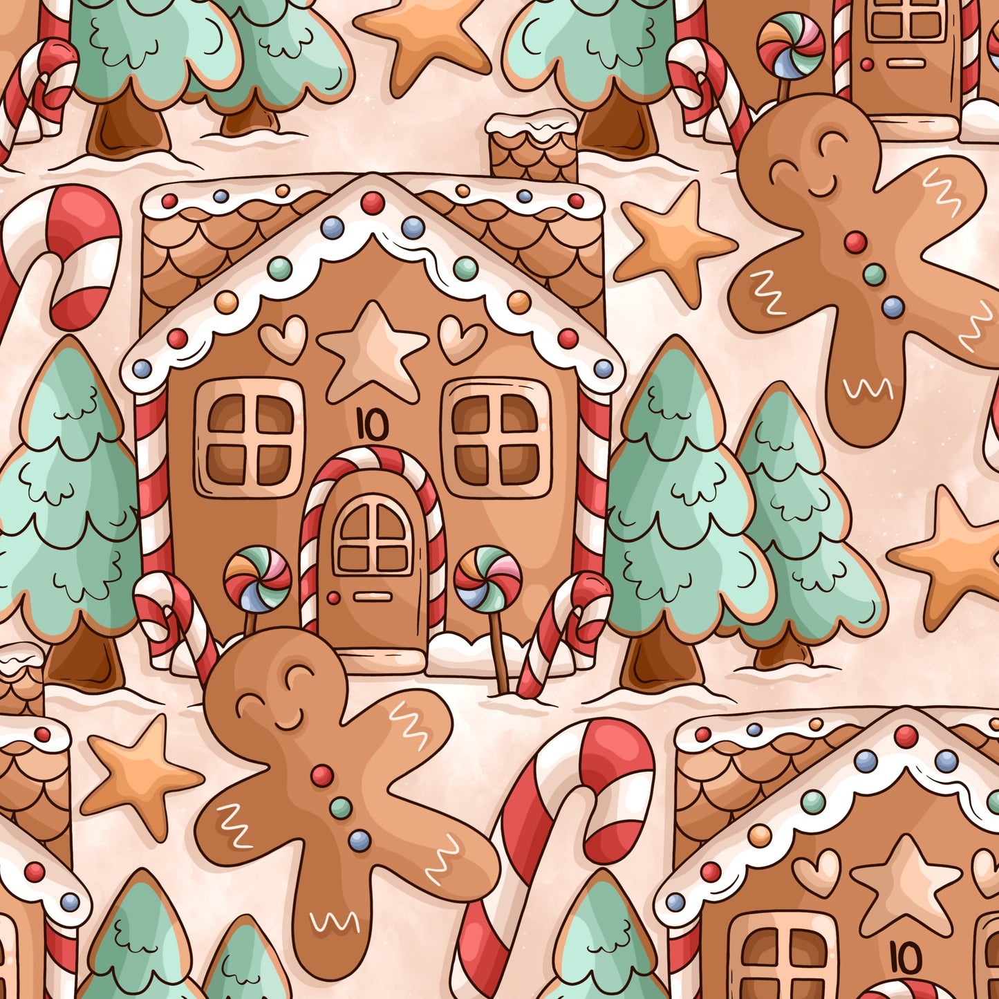 Candy covered gingerbread houses with gingerbread men on a beige background