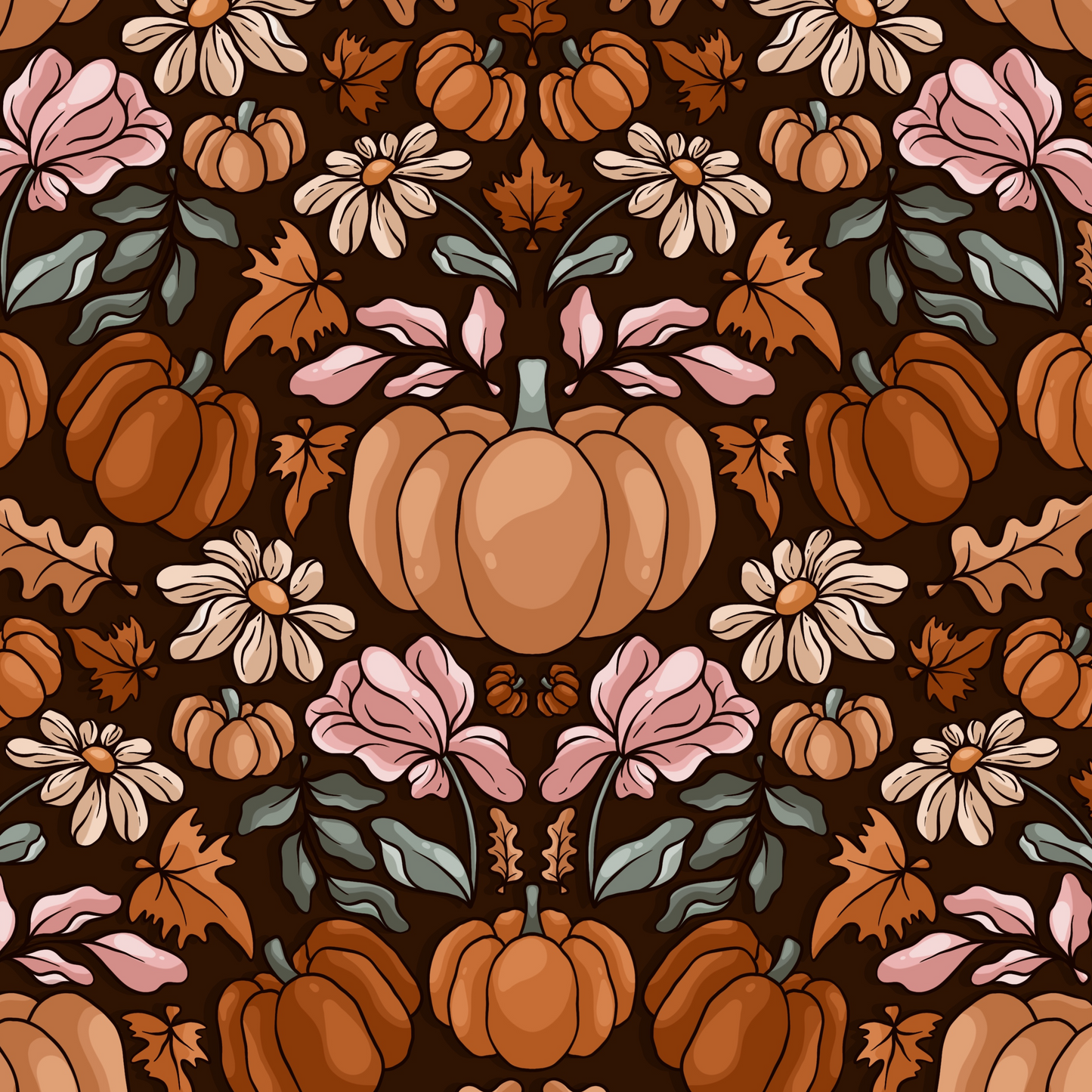 Pattern of pumpkins, flowers, and leaves on a brown background