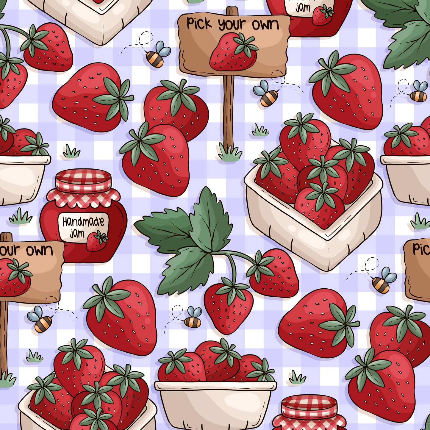 Pattern of strawberries, jam jars, and 'Pick Your Own' signs on a checkered background.