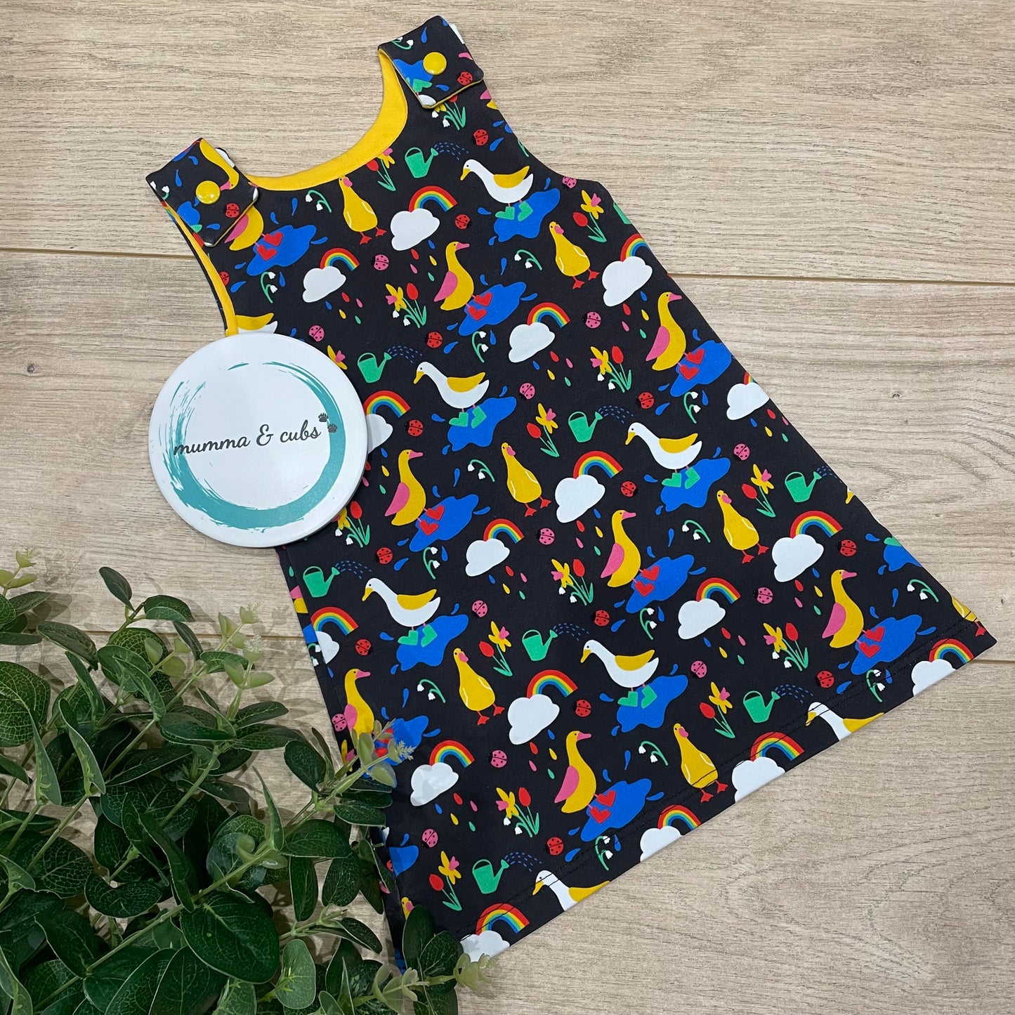 Dungaree Dress - Rainbow Puddle Ducks - 6-12m