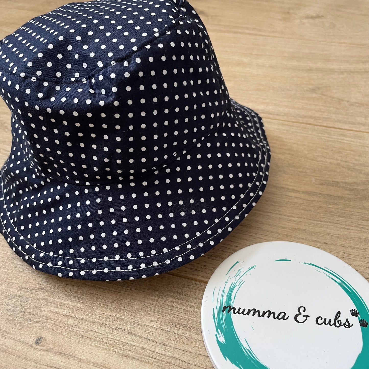 Handmade Cotton Reversible Bucket Hat Kids – Ready to Ship | Mustard Floral Navy Polka Dot | (to fit approx. 43cm)
