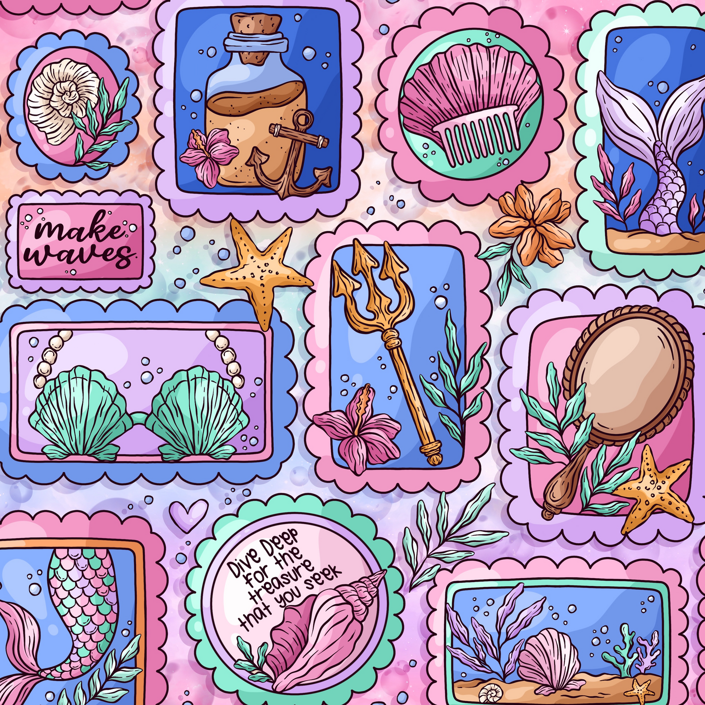 Colorful pattern with mermaid-themed illustrations on a pink background
