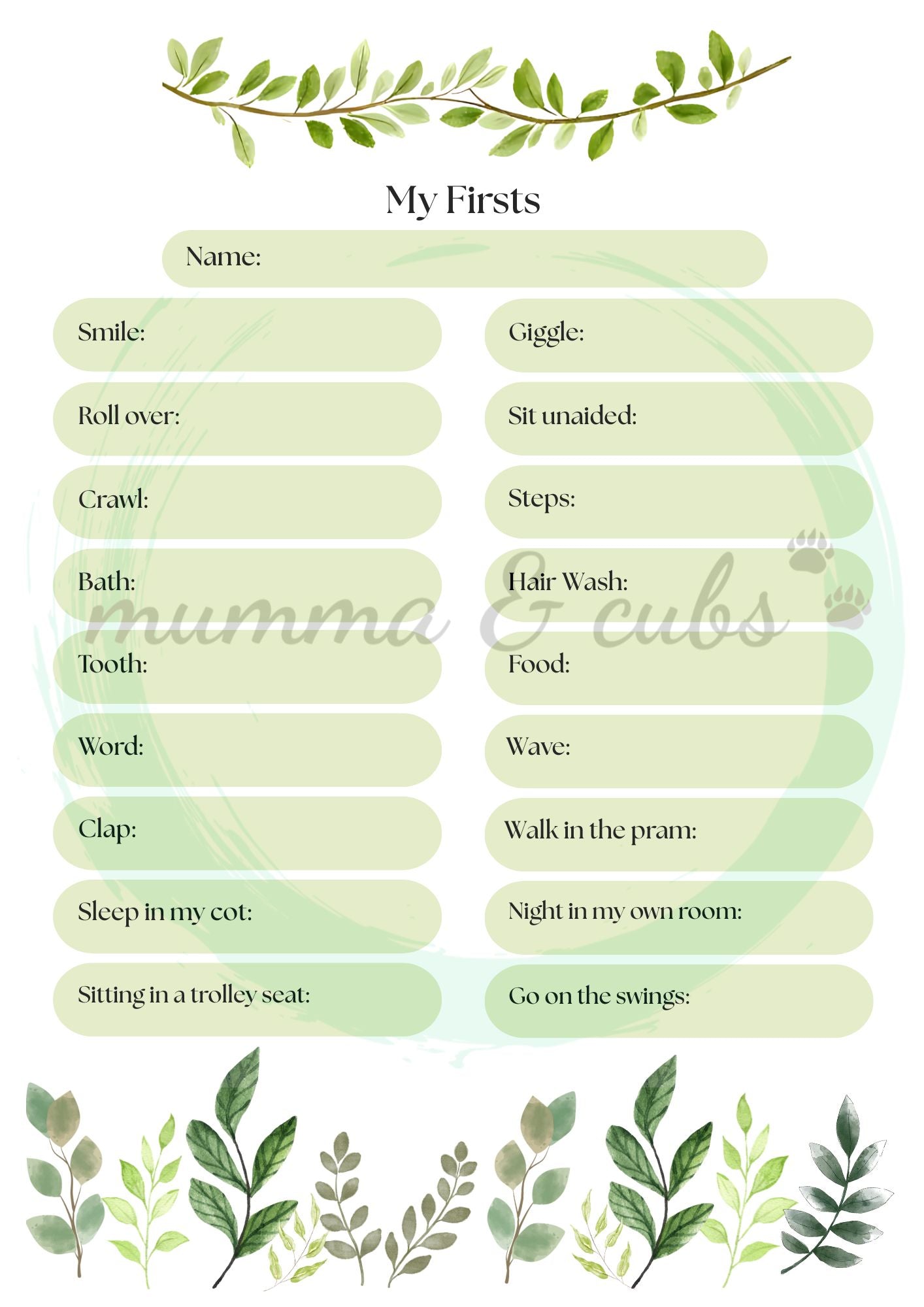 Baby milestone tracker with green leaves and text on a white background