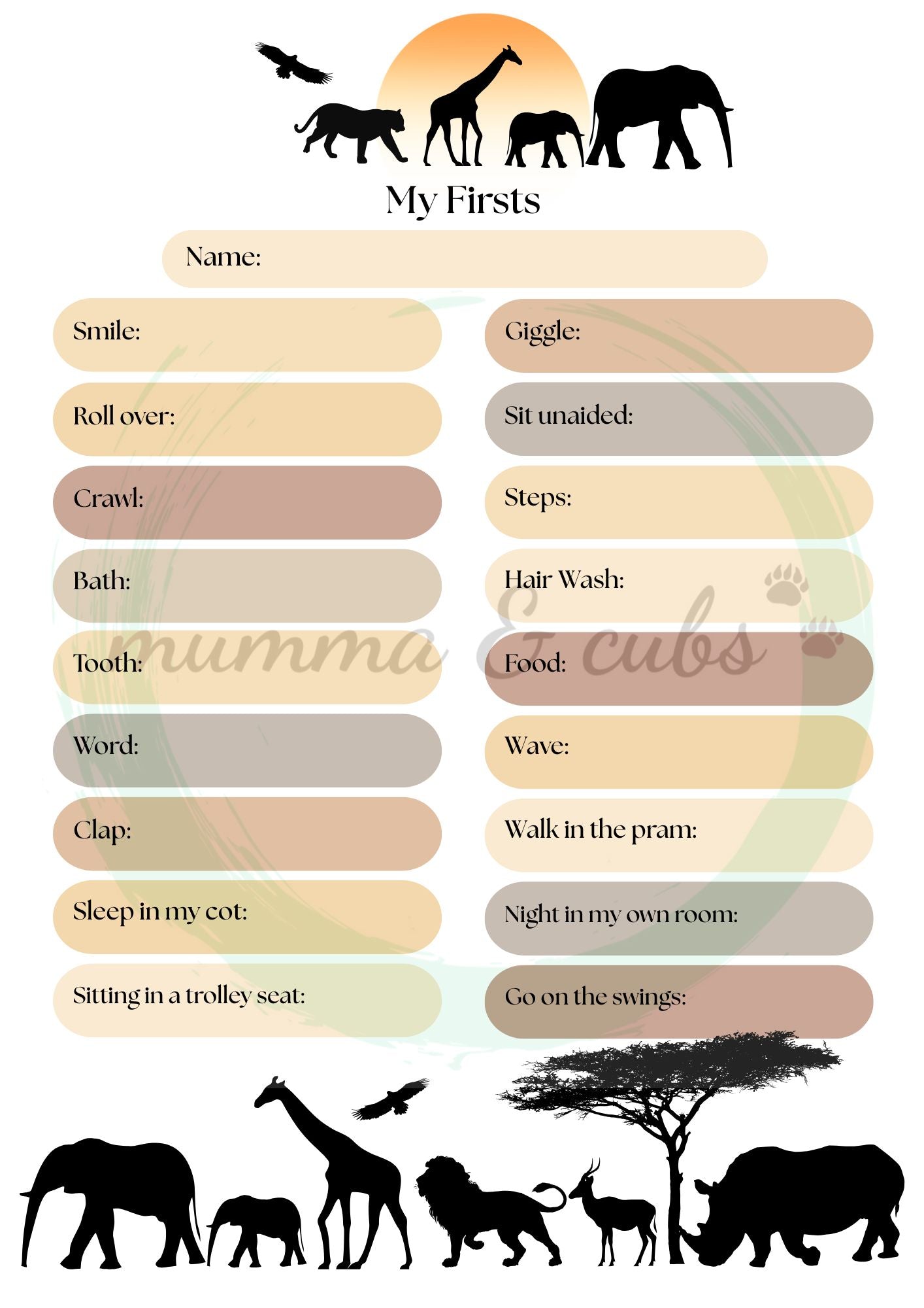 Baby milestone chart with silhouettes of animals and text labels on a white background