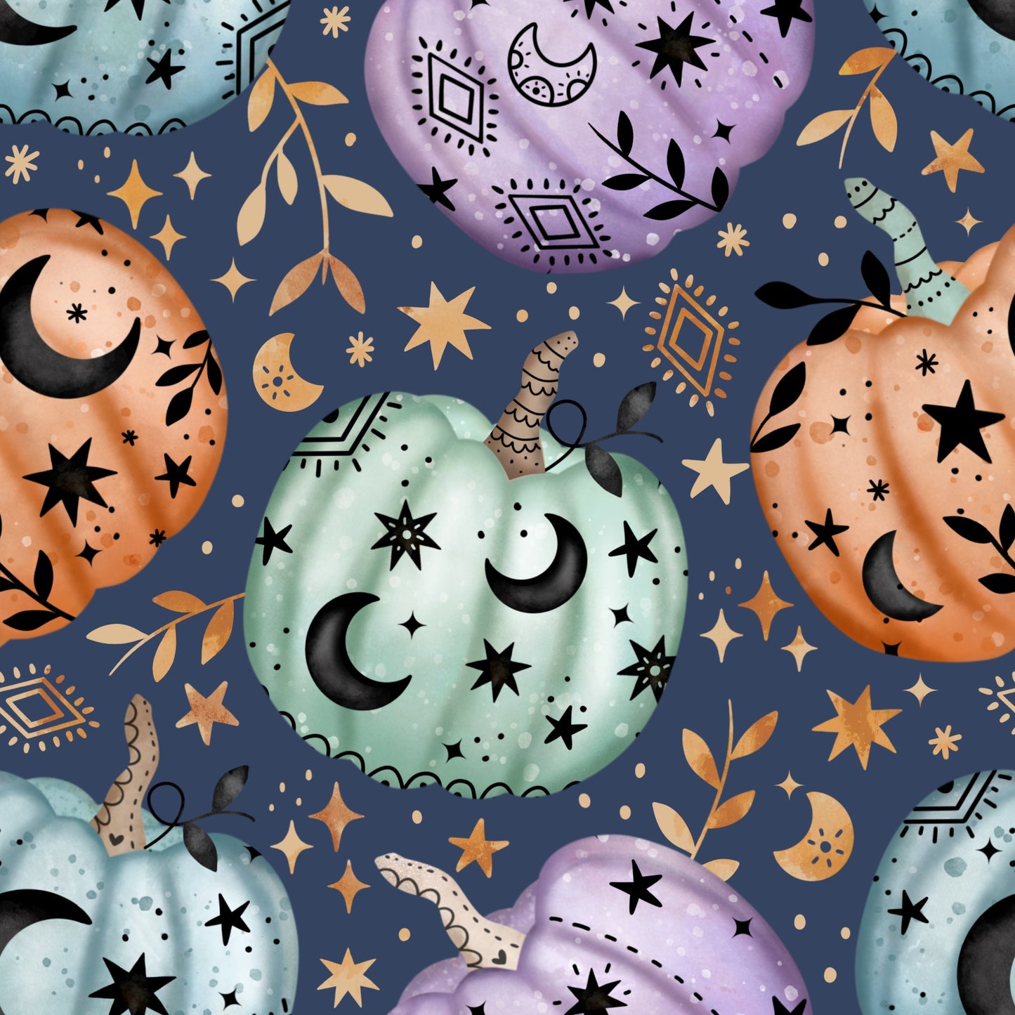 Pattern of pumpkins with moon and star designs on a navy blue background