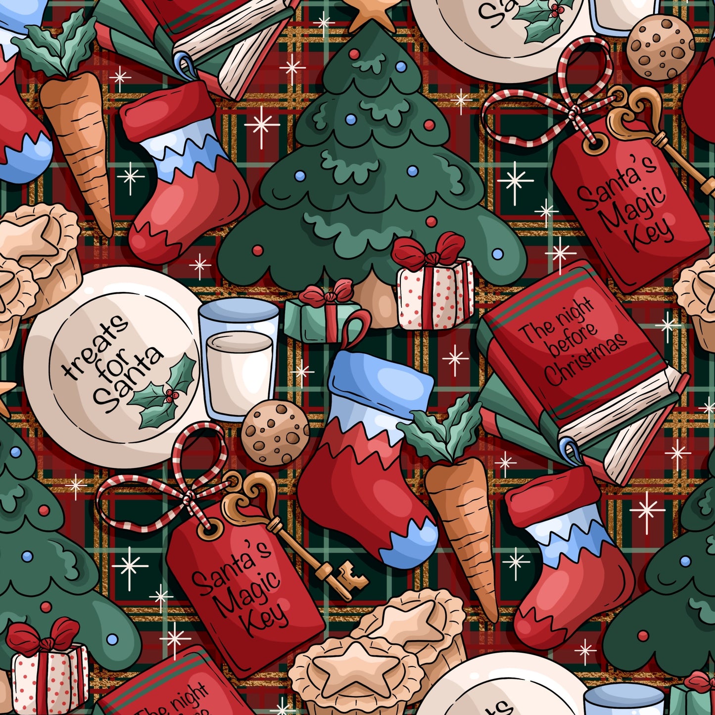 Christmas-themed pattern with trees, stockings, and presents on a plaid background.