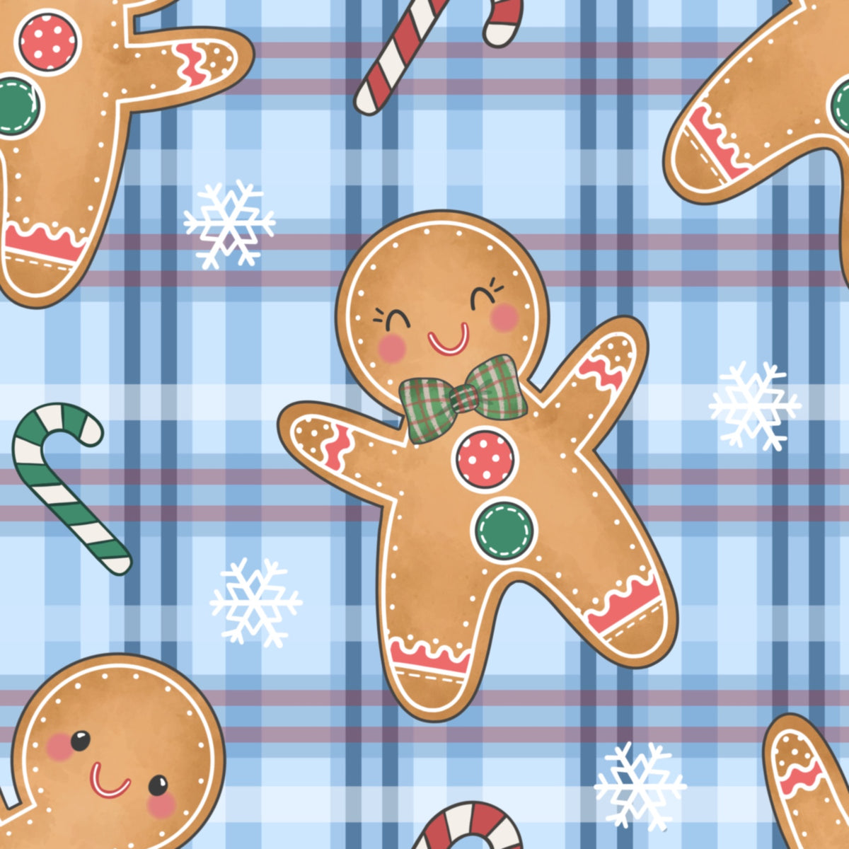 A pattern of illustrated gingerbread men with smiling faces, wearing bow ties and scarves, on a blue and white checkered background with snowflakes and candy canes.