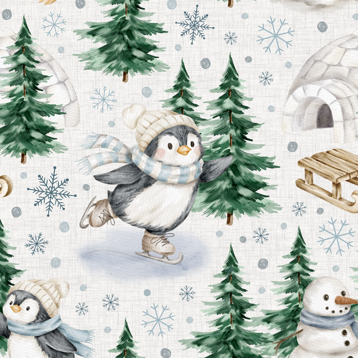 A repeating winter-themed print featuring penguins in hats and scarves ice skating, evergreen trees, snowflakes, an igloo, a wooden sled, and a snowman on a light cream background.