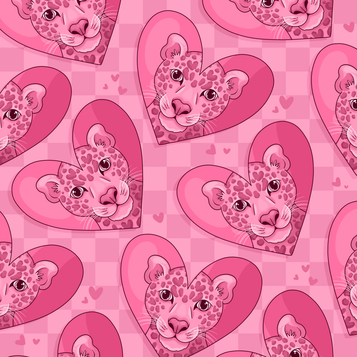 Pink Lepoards in pink hearts on a pink checkerboard background with smaill heart details