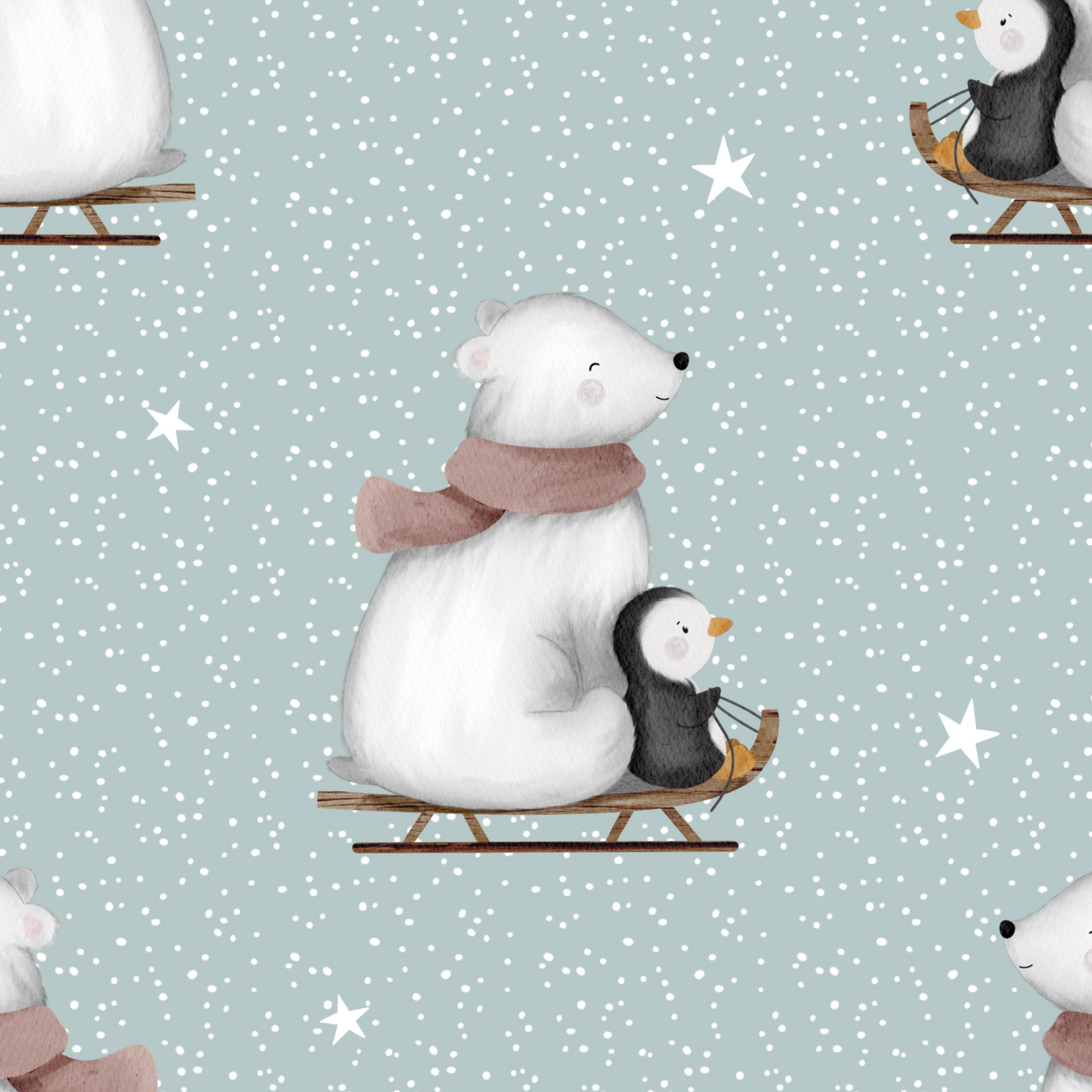 Pattern of polar bears and penguins on a light blue background with stars.