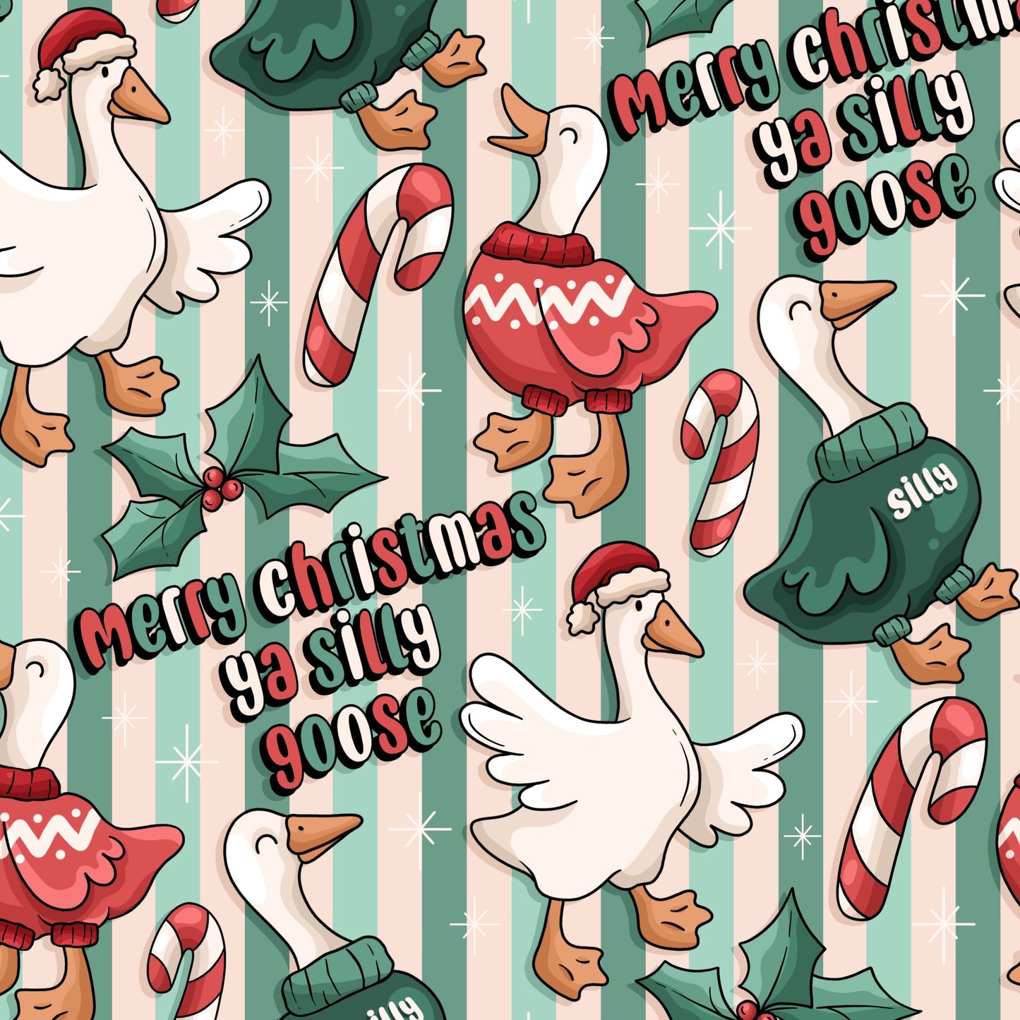 Christmas-themed pattern with geese, candy canes, and holly on a mint green striped background.