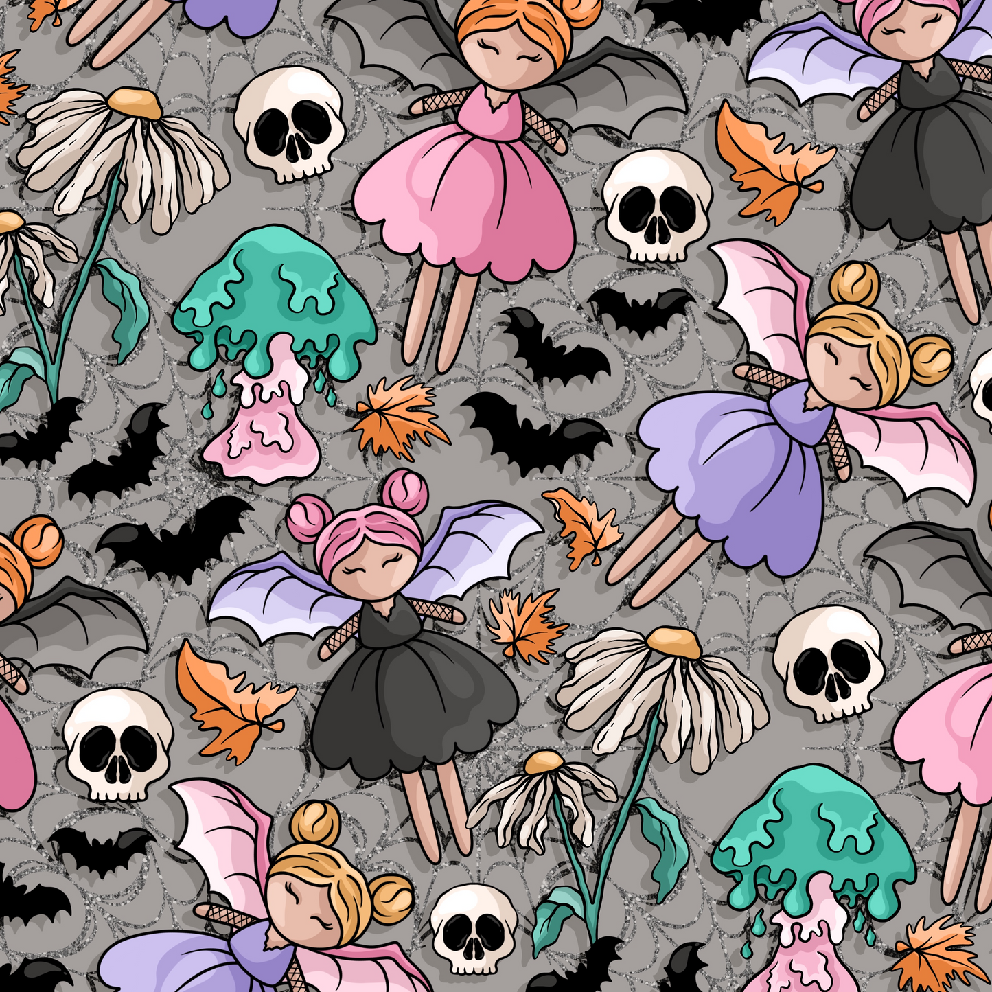Pattern of fairy characters, bats, skulls, and flowers on a grey cobweb background