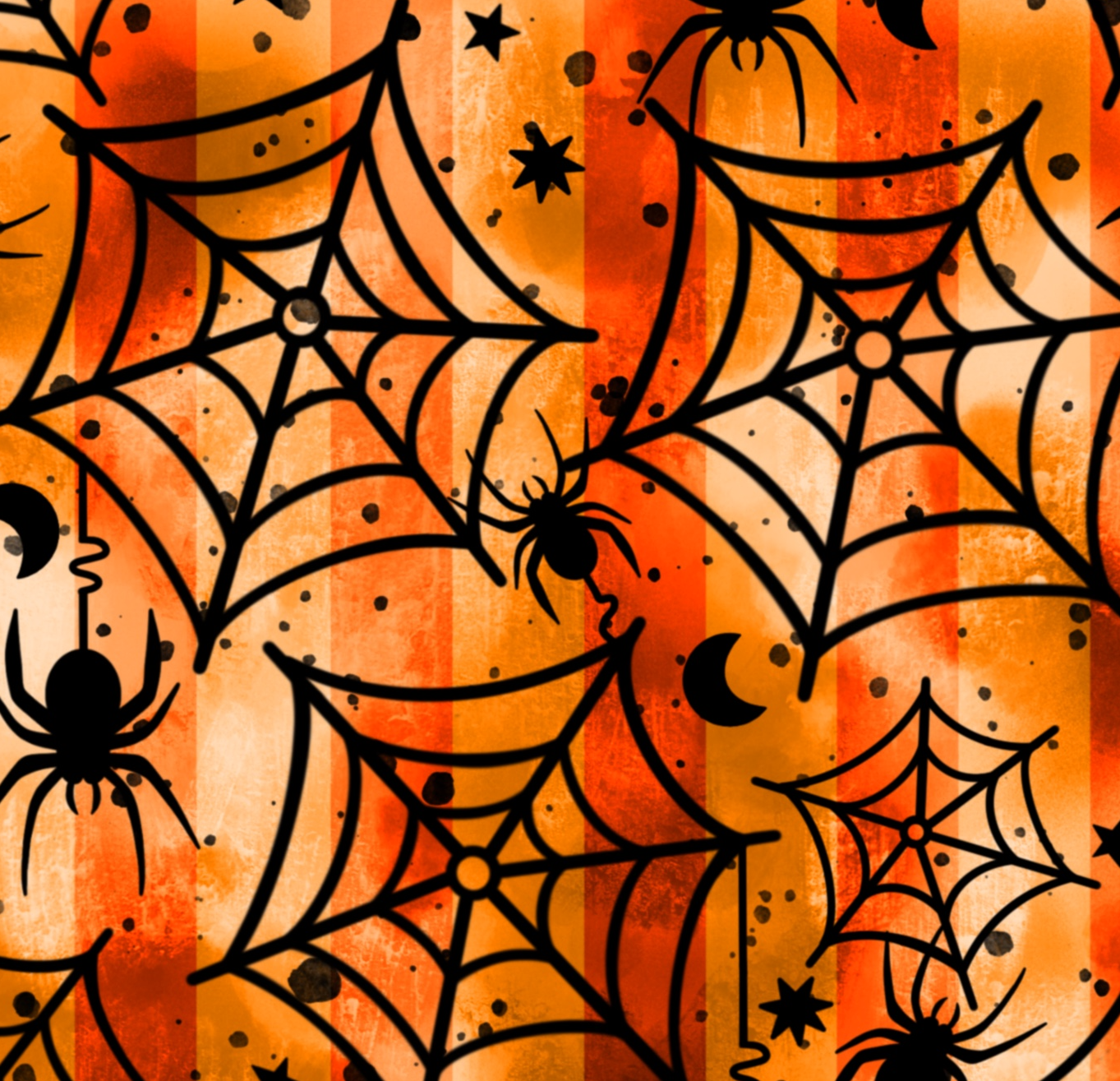 Halloween-themed pattern with black spiders and webs on an orange striped background