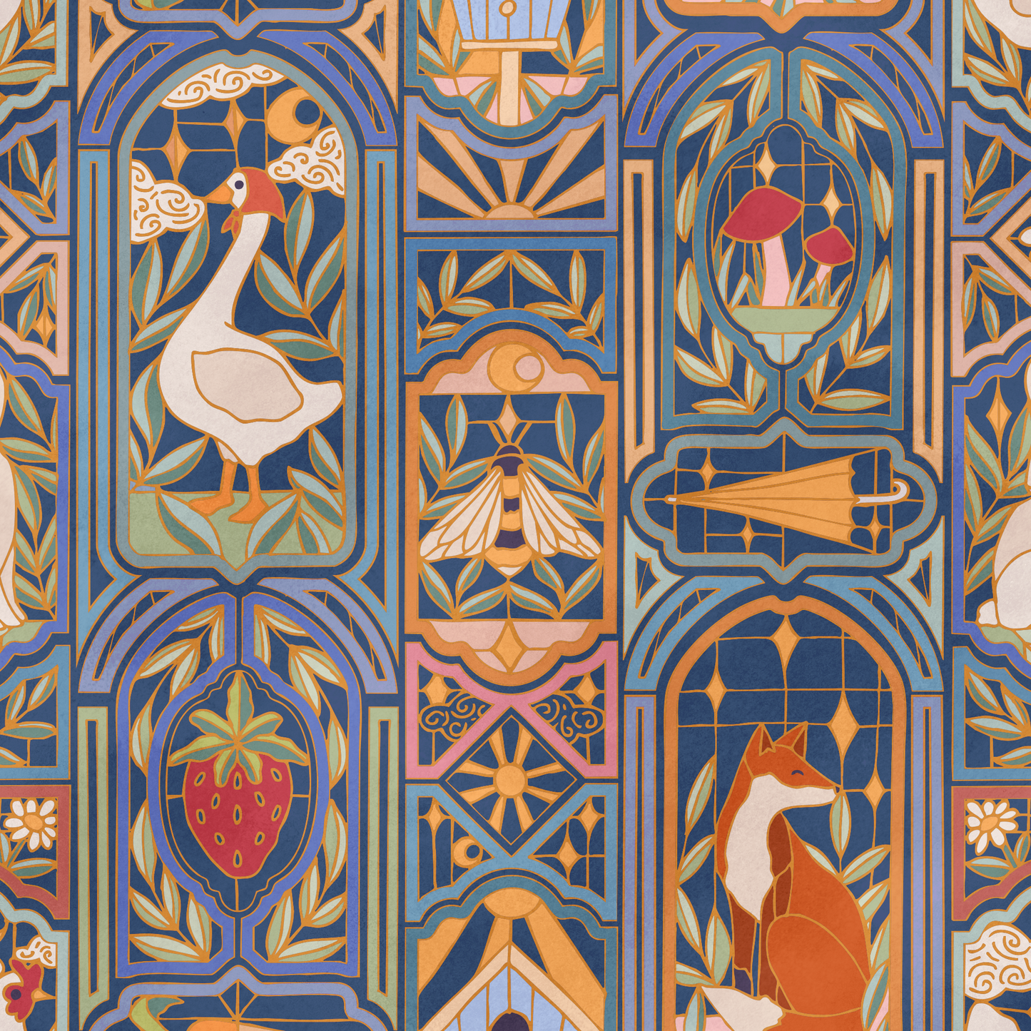 Stained glass window inspired design with animals and nature elements in a stylized design.