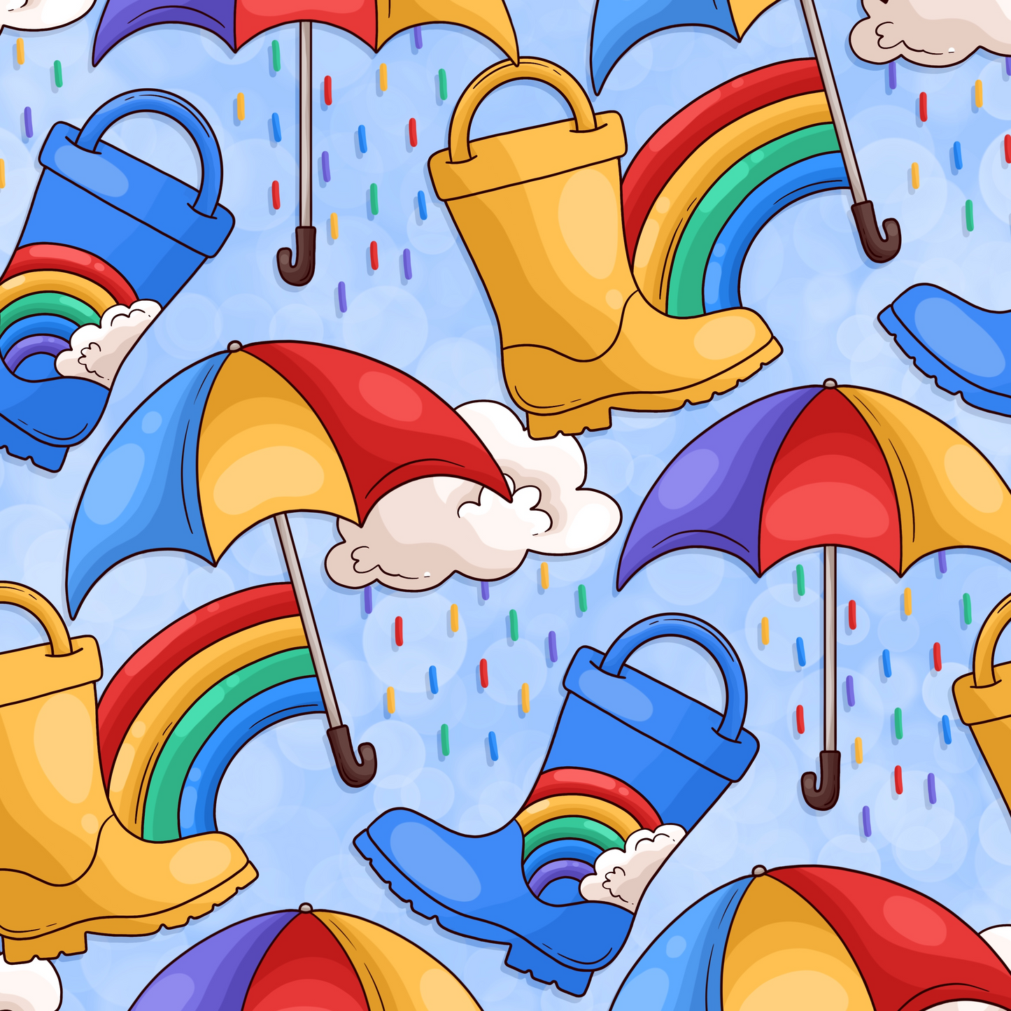 Colorful pattern with umbrellas, rain boots, and raindrops on a blue background