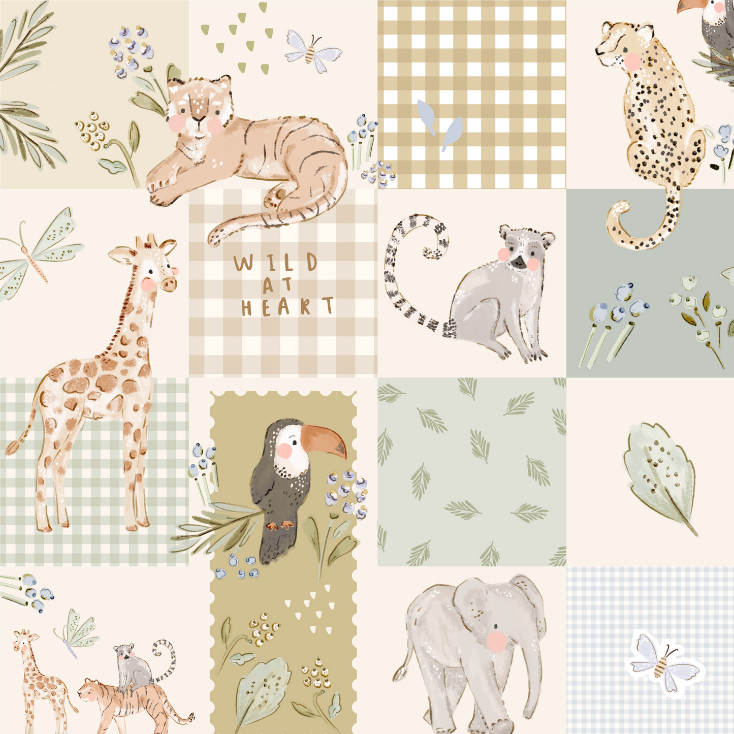 A children's safari-themed patchwork fabric pattern featuring illustrated animals including a giraffe, cheetah, leopard, monkey, toucan, elephant, and butterflies, alongside gingham, check, and leaf motifs in soft neutral tones.