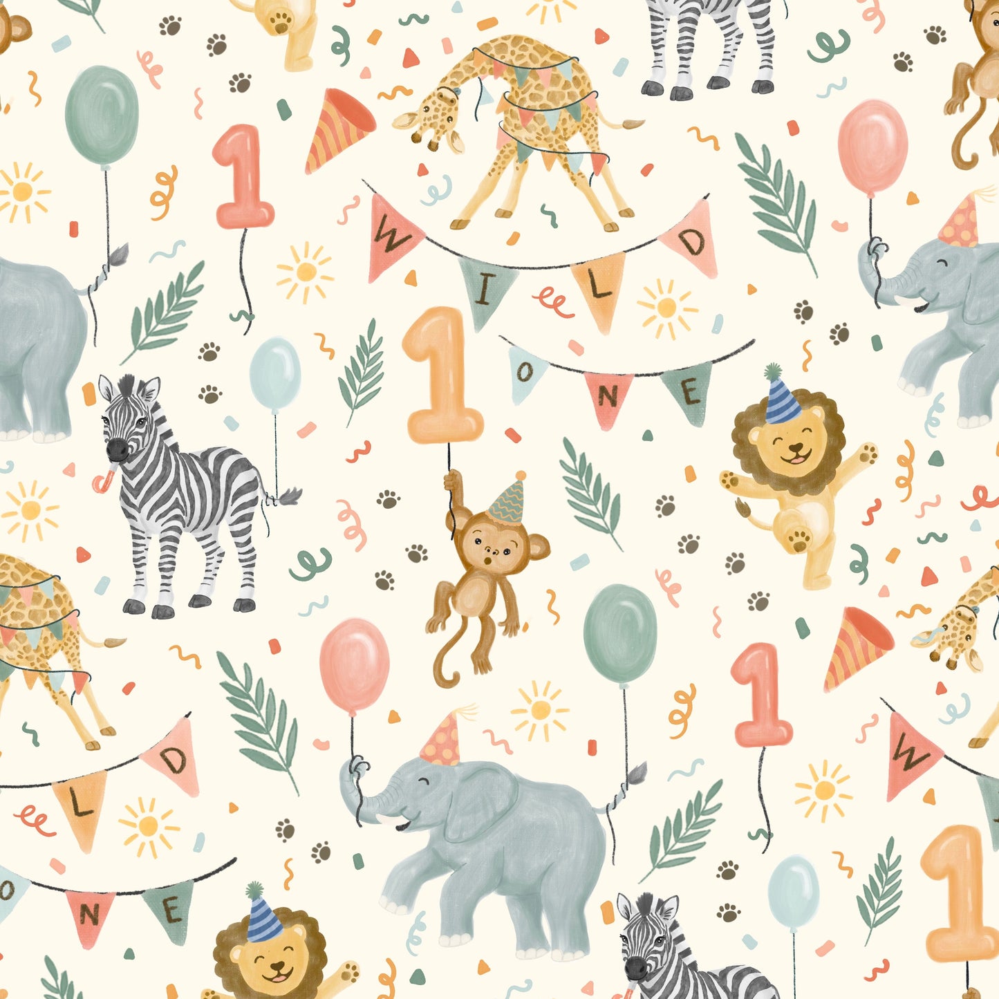 Pattern of animals and birthday elements on a cream background
