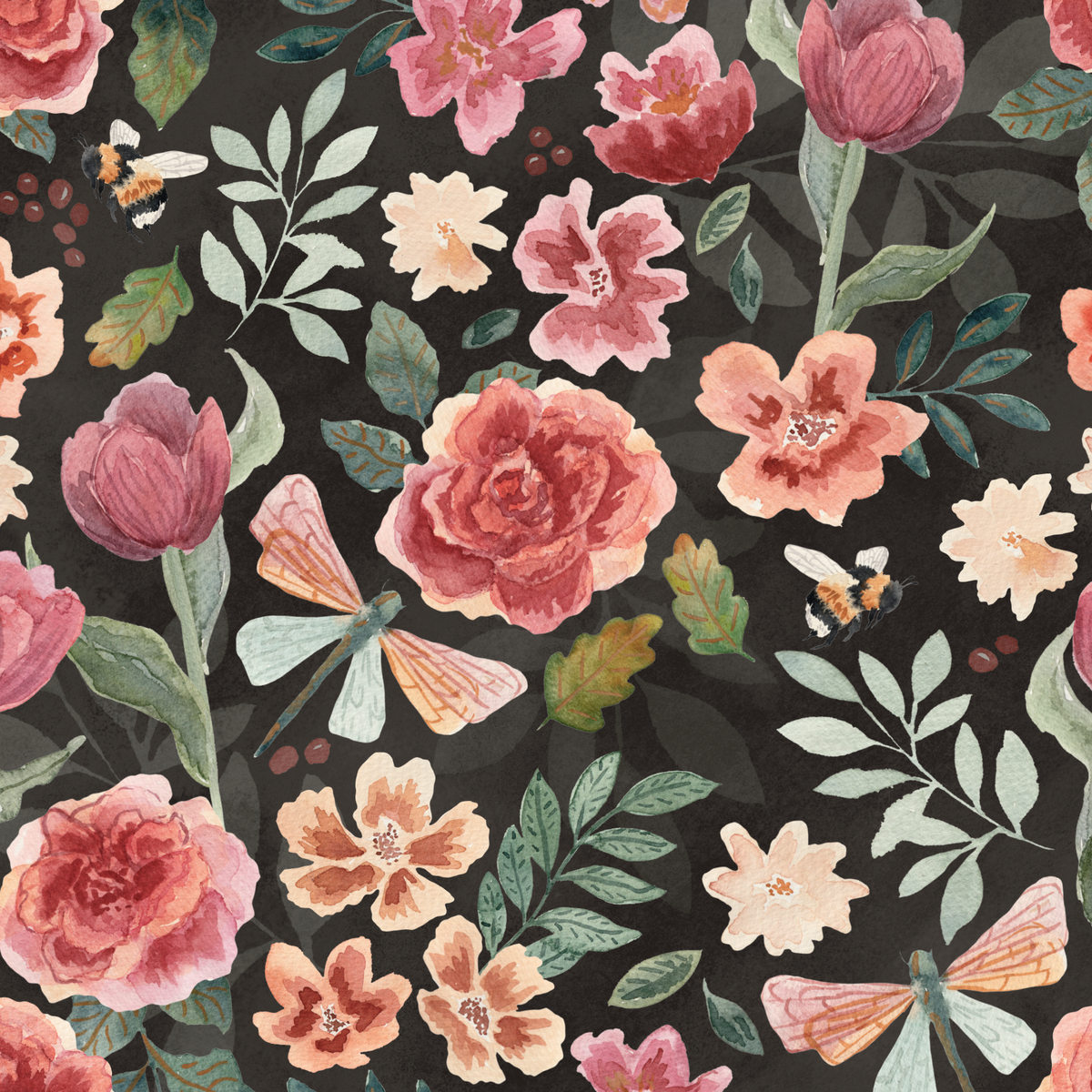 A seamless watercolor floral pattern featuring pink and peach roses, tulips, green leaves, dragonflies, and small bees on a dark charcoal background.