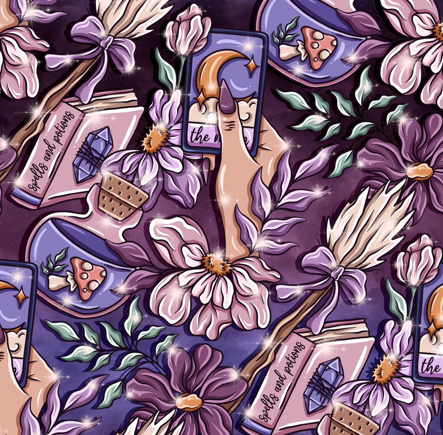 Whimsical witchcraft design with tarot cards, potion bottles and broomsticks on a purple background