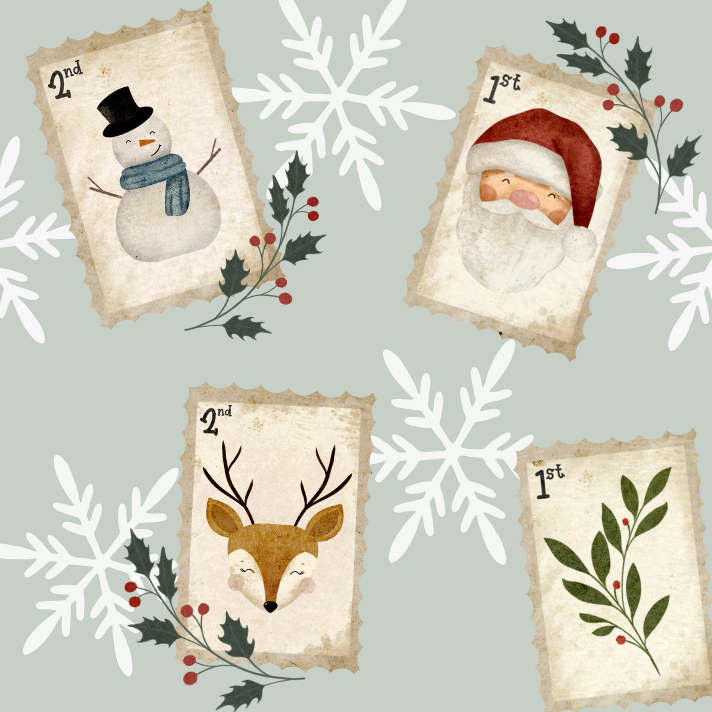 Festive stamps on a sage background with snowflake and holly details
