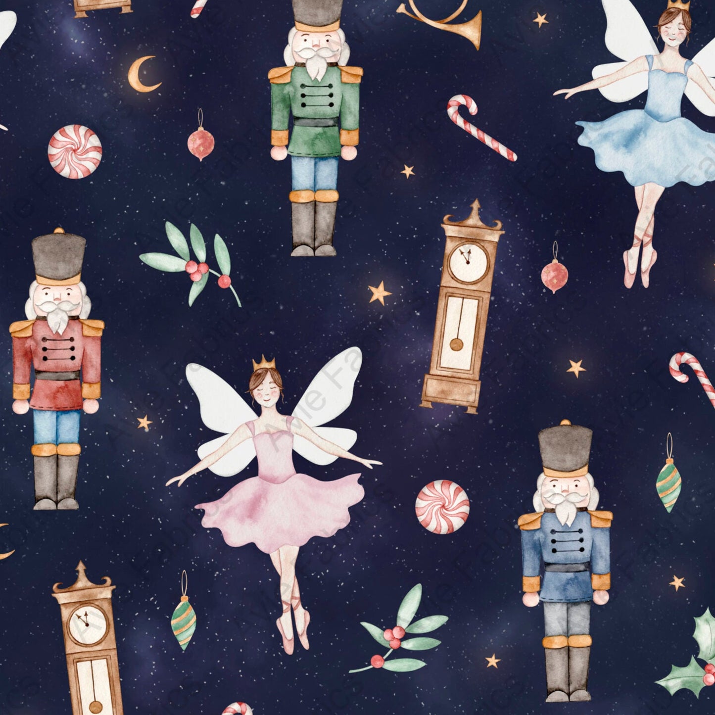 Pattern of fairy, nutcrackers, and candy canes on a dark blue background