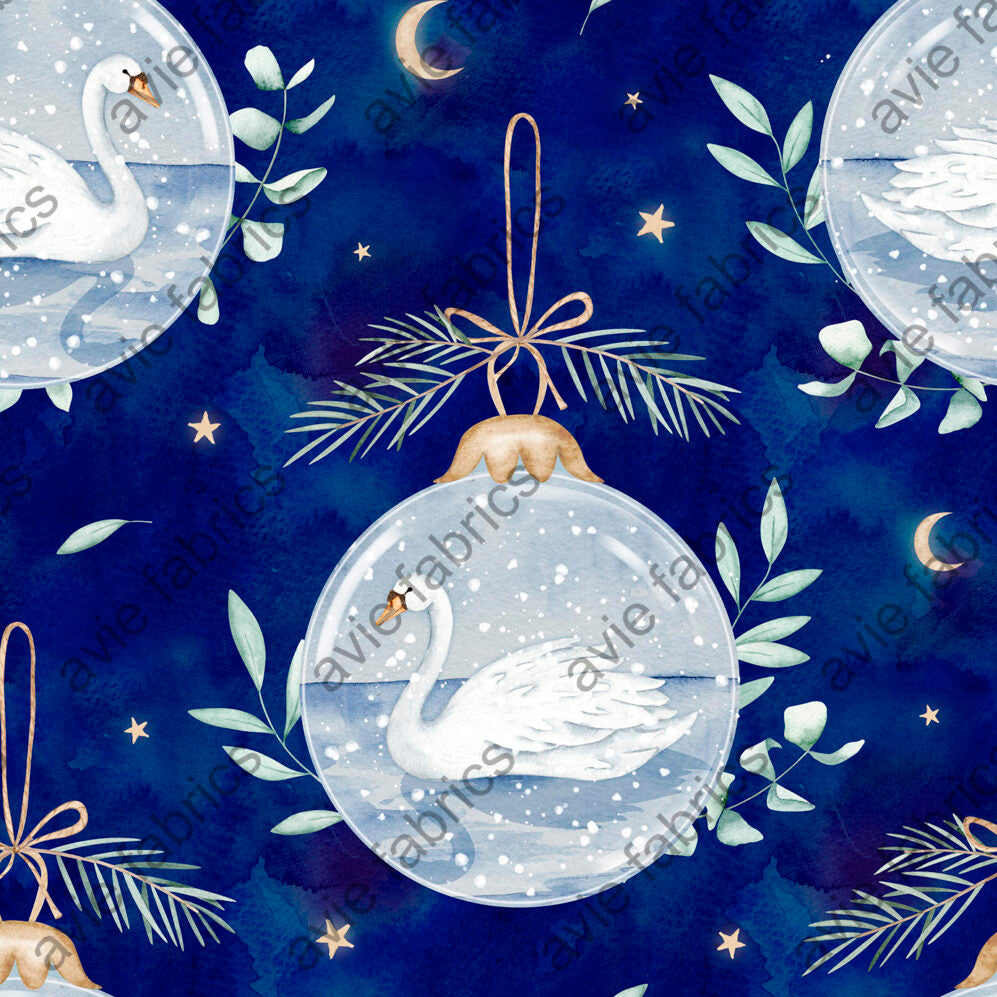 Decorative pattern with swans, stars, and leaves on a blue background