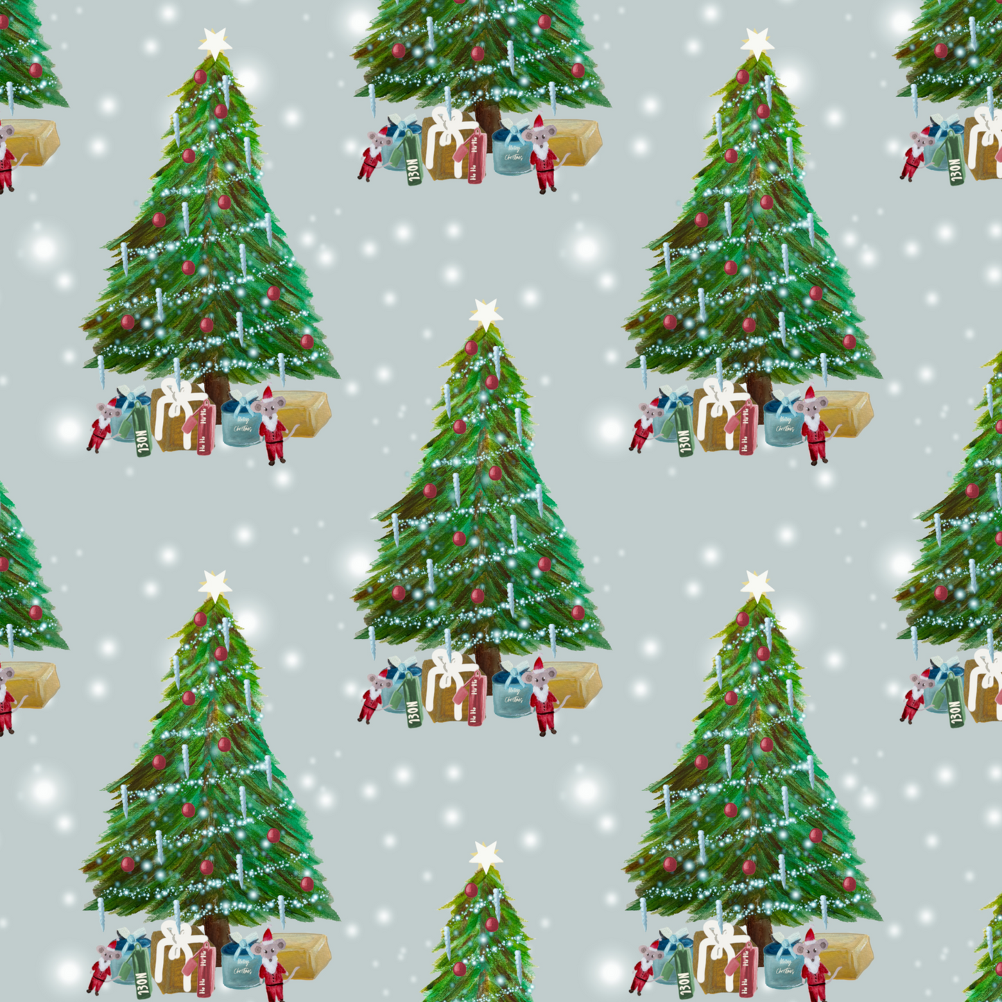 Pattern of Christmas trees with decorations and Santa Claus mouse on a light blue background.