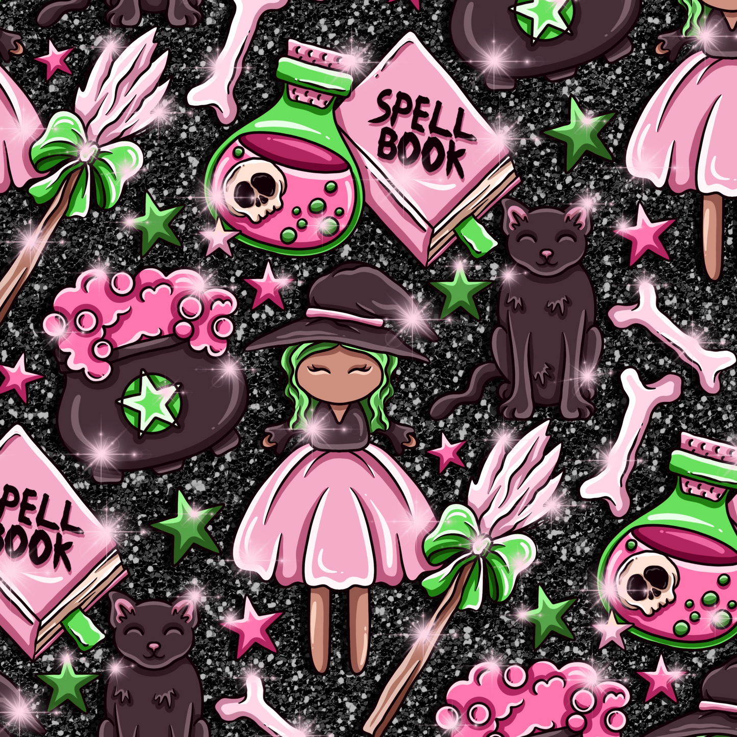 Witches, Cats, Broomsticks, cauldrons and potions in pink, black and green on a black glitter background