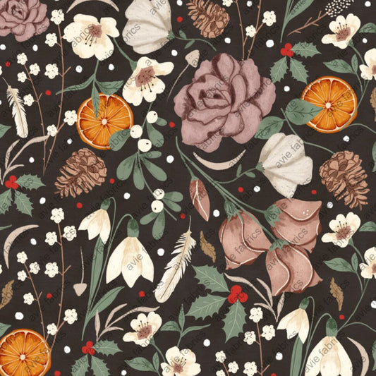 Floral and nature-themed pattern with flowers, leaves, and fruits on a dark background.