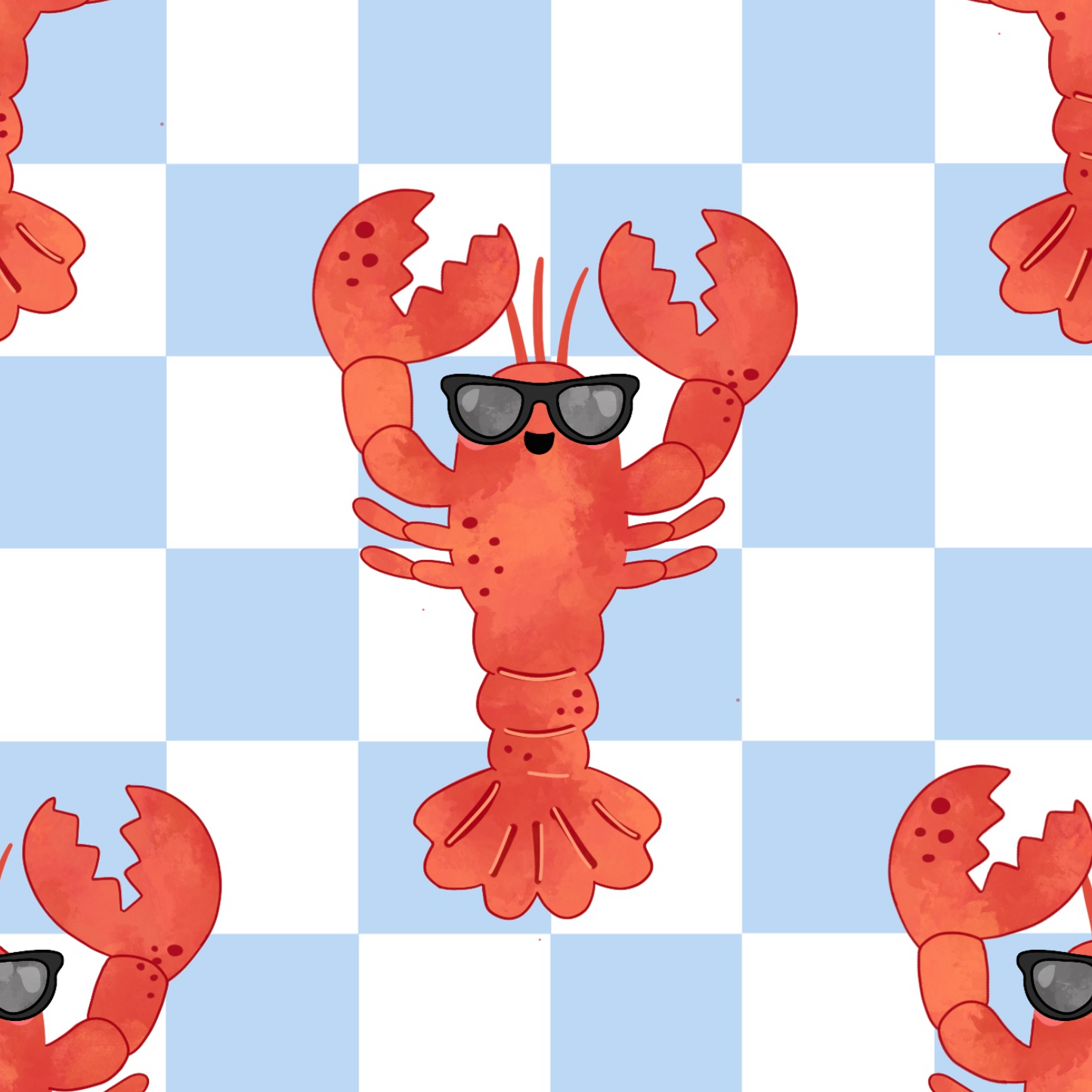 Cartoon lobster wearing sunglasses on a checkered blue and white background