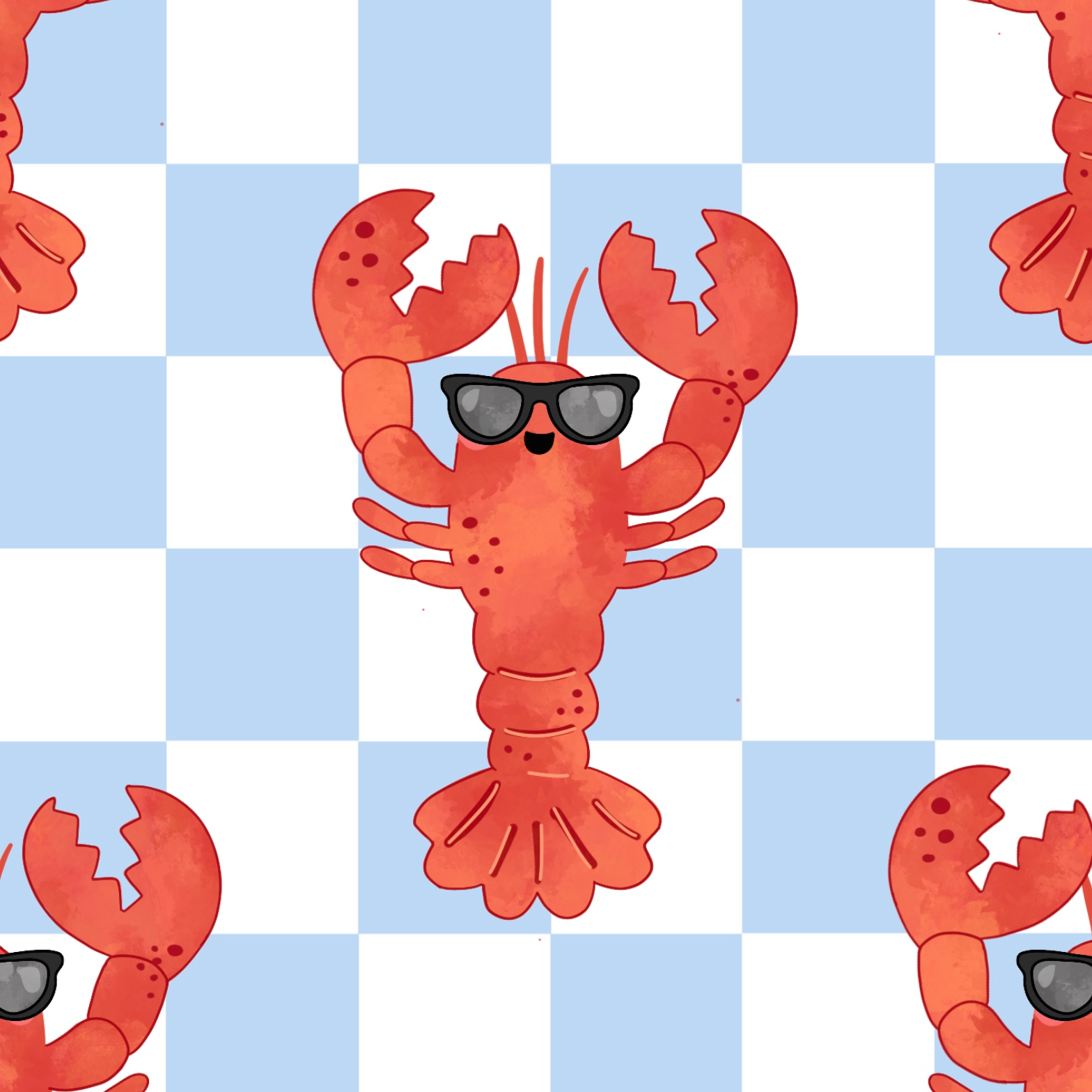 Cartoon lobster wearing sunglasses on a checkered blue and white background