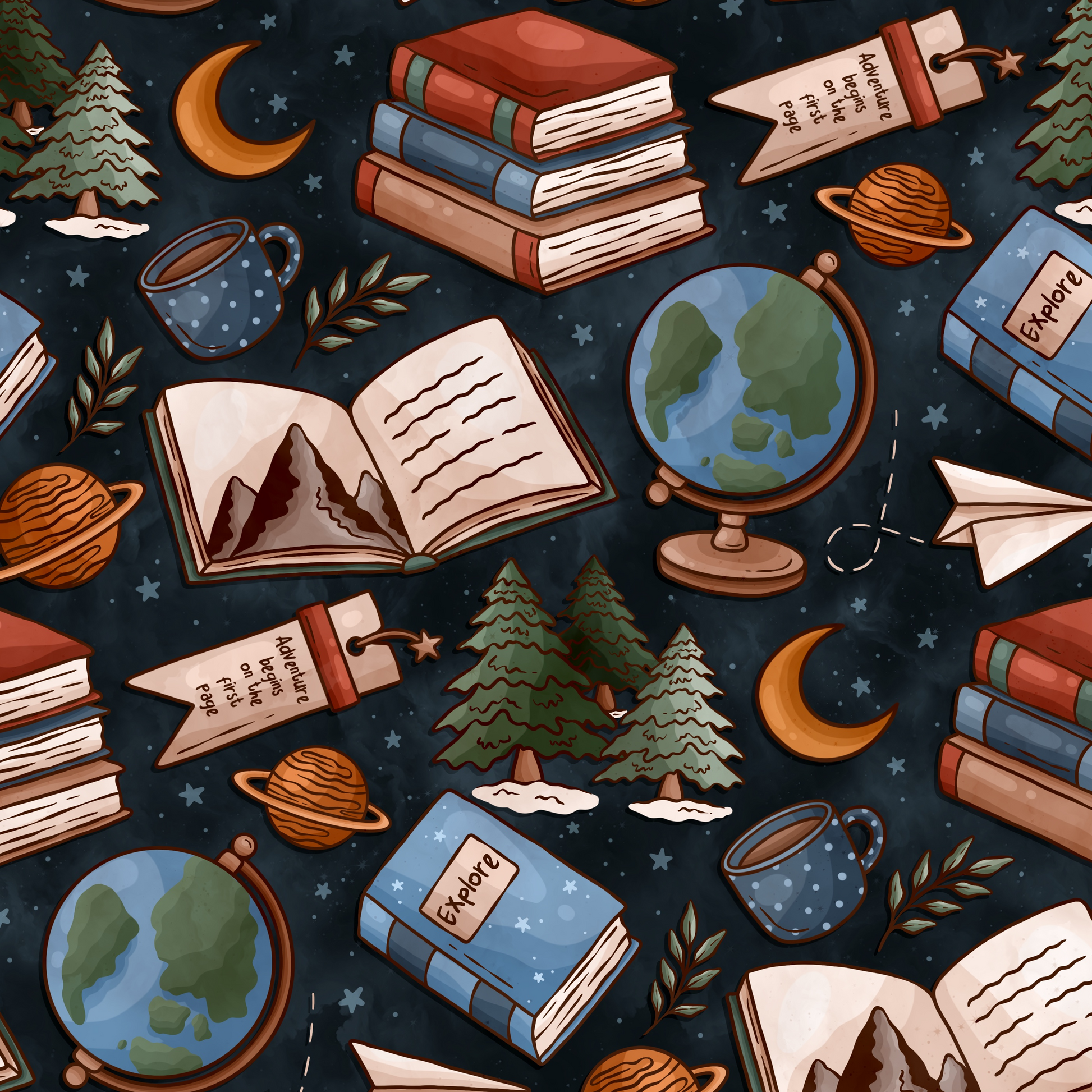 A repeating illustrated pattern on a dark navy background featuring books, open books, globes, planets, trees, stars, a moon, paper airplanes, and small decorative motifs in warm brown, beige, green, and blue tones.