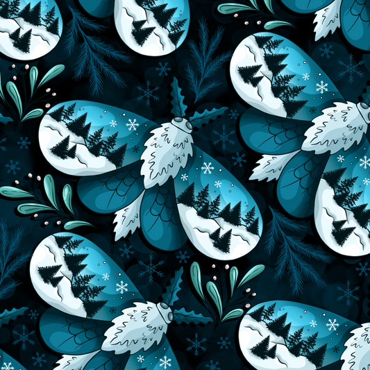 Pattern of snowflakes and winter scenes on the wings of moths on a dark blue background