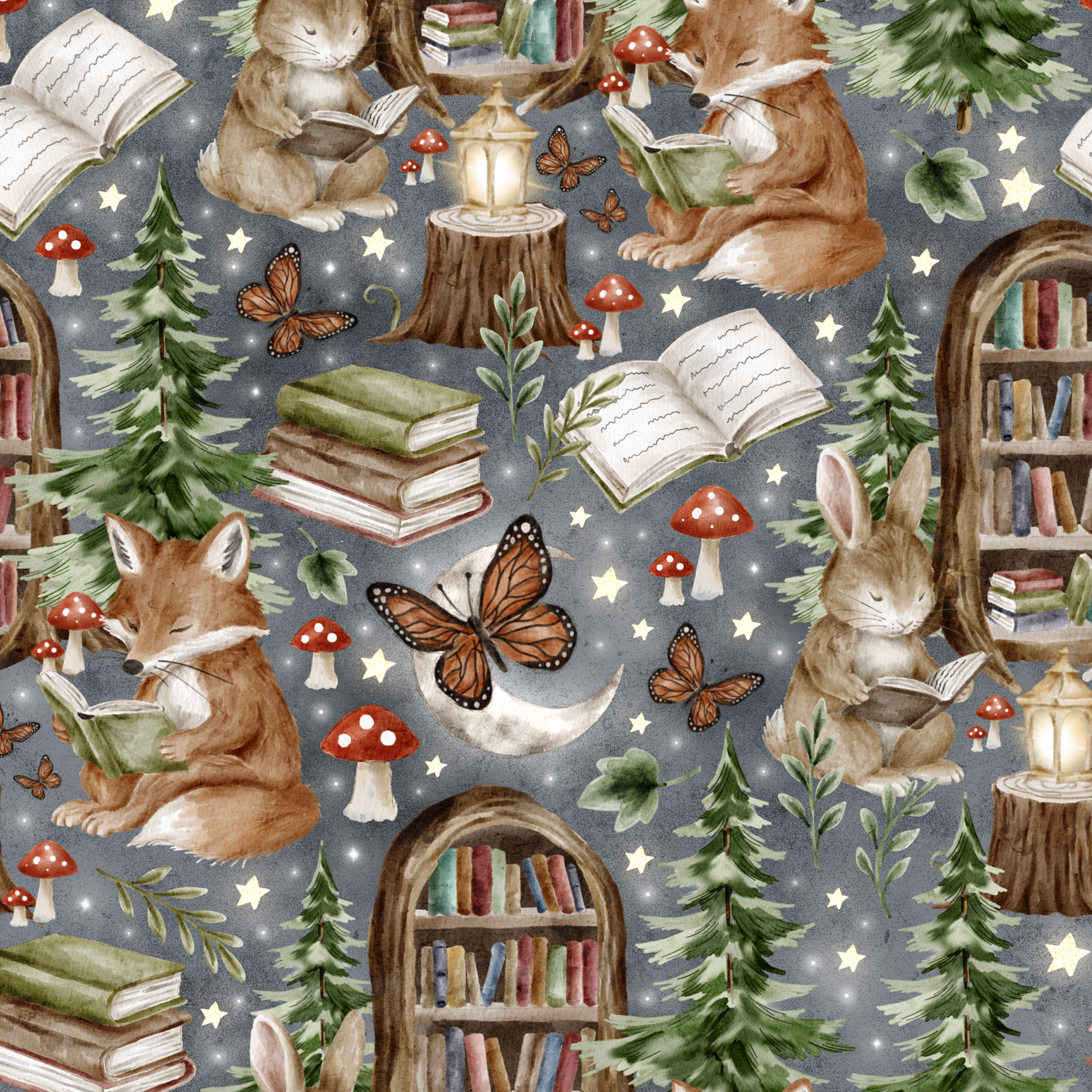 Pattern of woodland animals reading books with trees, books, and butterflies on a gray background.
