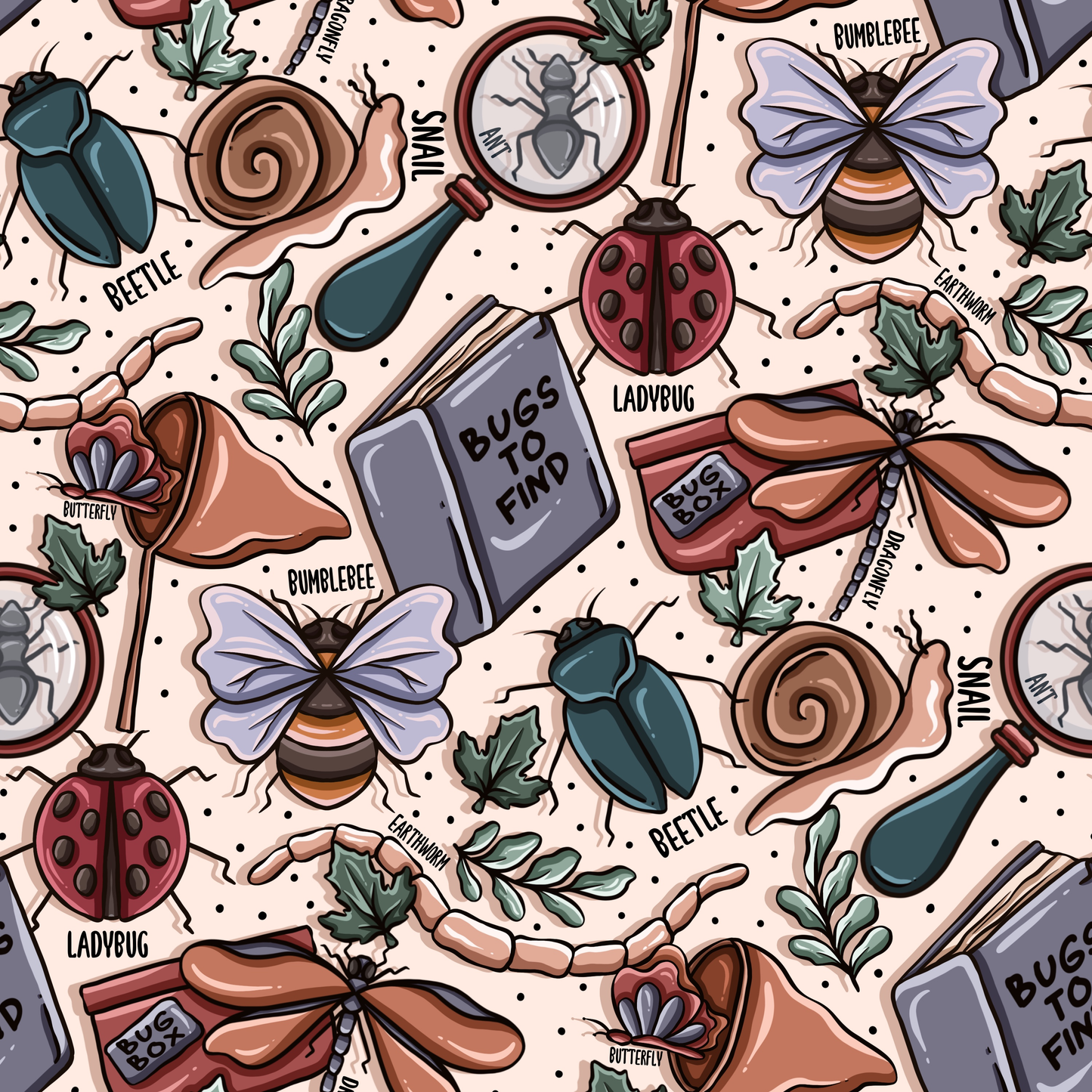 Illustrated pattern of insects and nature-themed objects on a beige background