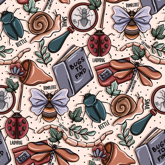Illustrated pattern of insects and nature-themed objects on a beige background