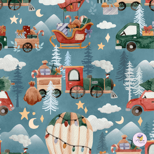 Pattern of vintage vehicles, trees, and clouds on a blue background