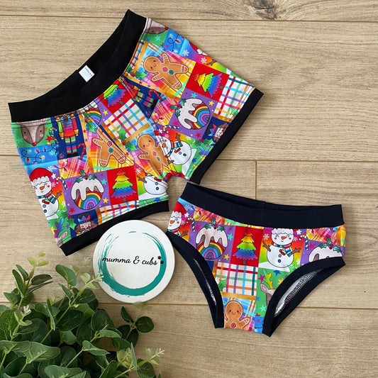 Handmade Christmas underwear, colourful pattern with plain bands