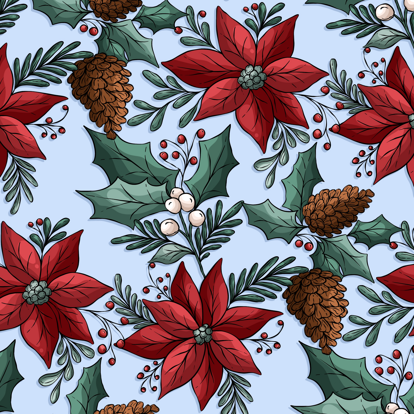 Pattern of red poinsettias, green holly leaves, and brown pinecones on a light blue background.