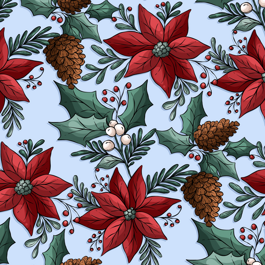 Pattern of red poinsettias, green holly leaves, and brown pinecones on a light blue background.