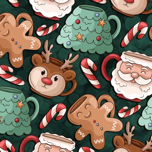 Pattern of Christmas-themed mugs including gingerbread cookies, candy canes, and Santa Claus on a green background.