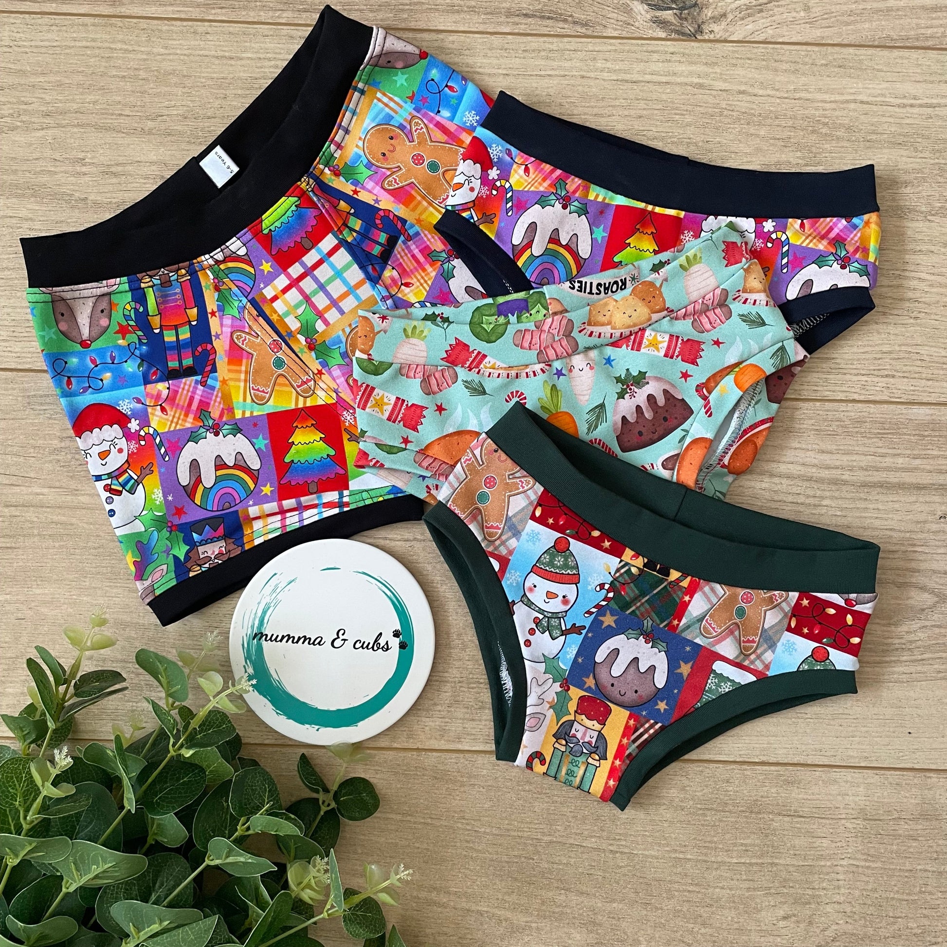 Handmade Christmas themed underwear - boxer shorts and briefs in a range of prints
